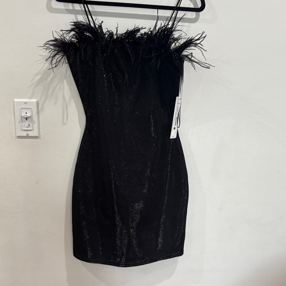 Aqua Black Mini Dress with Feather Detail